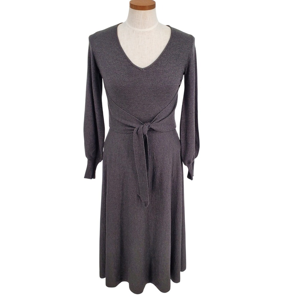 Taylor Fit & Flare Womens S Tie Front Midi Soft Knit Sweater Dress Charcoal Grey